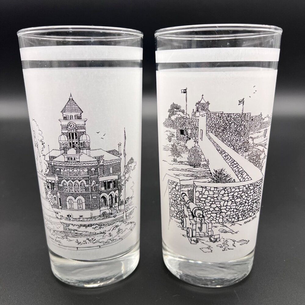 Texas 150 Anniversary Commemorative Glasses Gonzales Courthouse La Bahia Mission